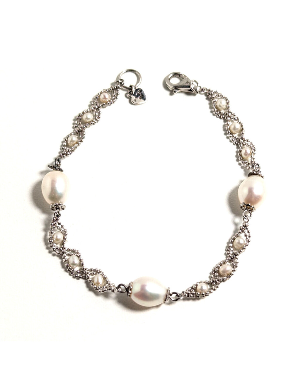 Elegant Sterling Silver 925 Pearl Style Beaded Lobster Clasp Charm Bracelet 21cm